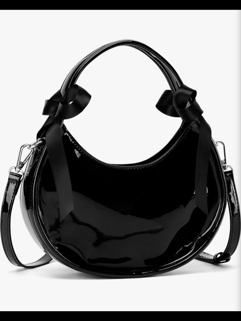 Black Vegan Leather Crescent Crossbody Handbag with Bow Accents |NEW WITH TAGS|